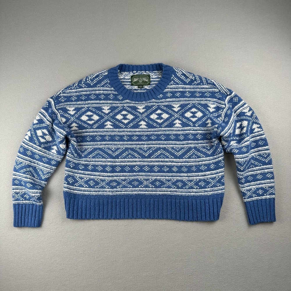 American Eagle Women's Blue & White Crew Neck Sweater Printed Ribbed Crop Size M